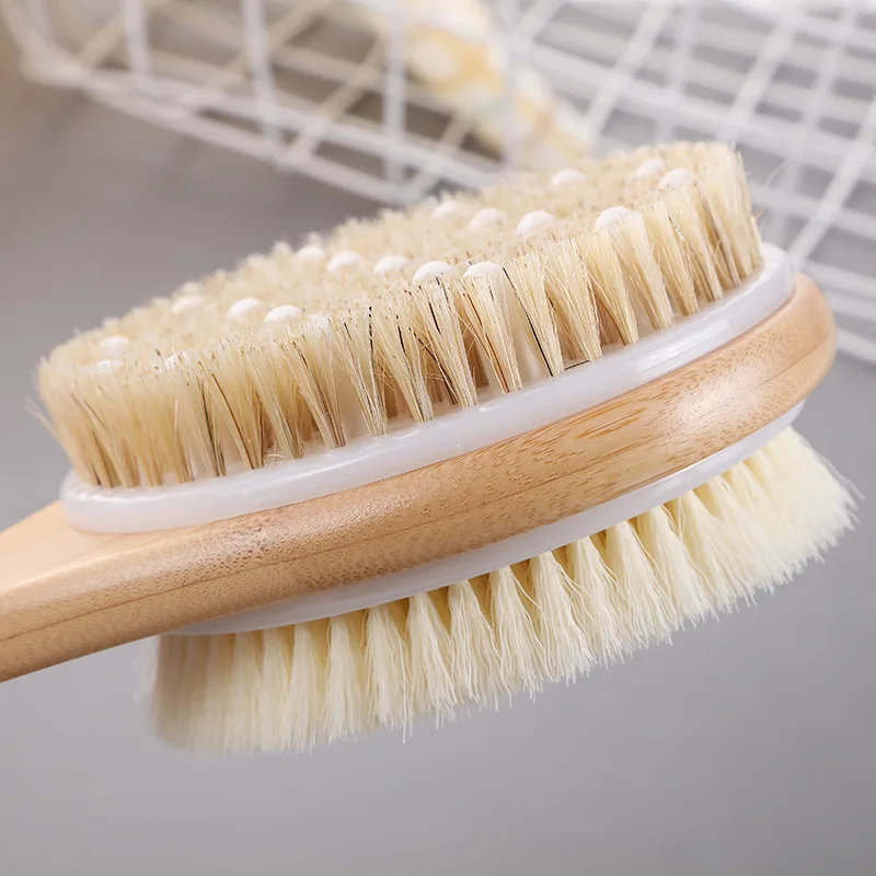 Natural Long Handle Bristle Brush Soft Wet Dry Skin Body SPA Massager Brush Bath Shower Brushes Exfoliating Bathing Brush Tool