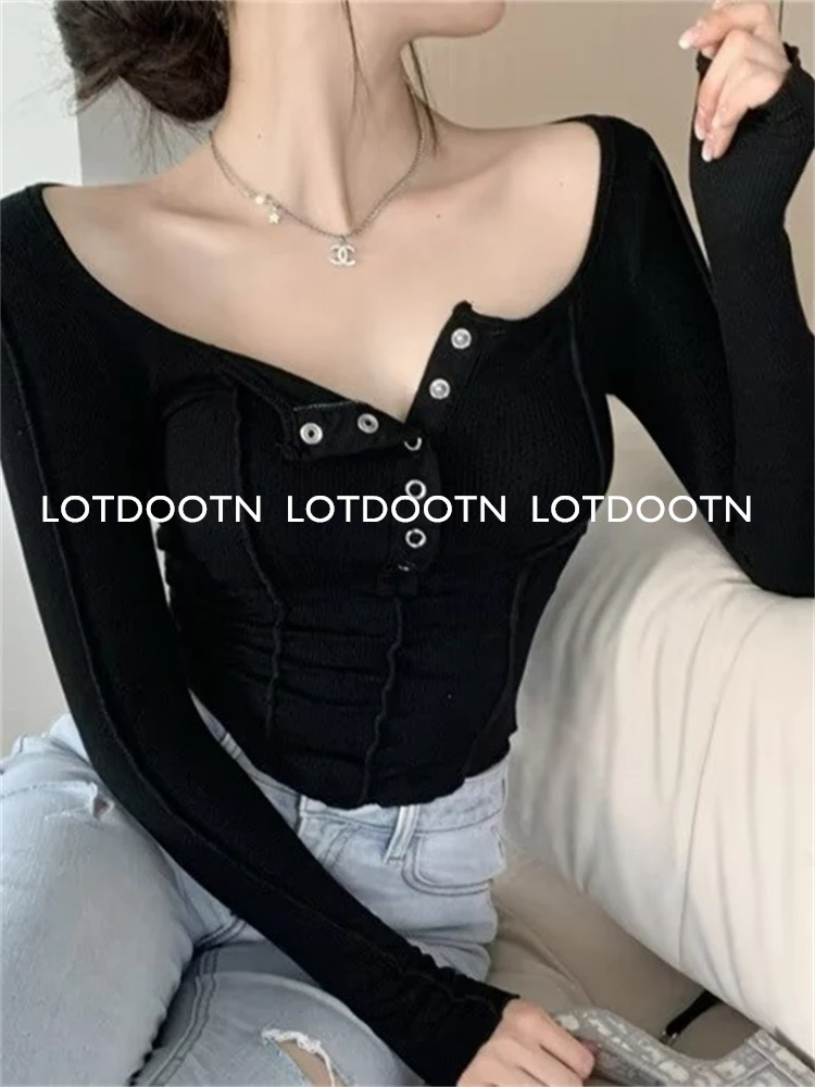 LOTDOOTN Grunge Clothes Button Up Lady Crop Top Sexy Women Button Up Women Summer Spring Slim Fit Long Sleeve Y2K Streetwear New