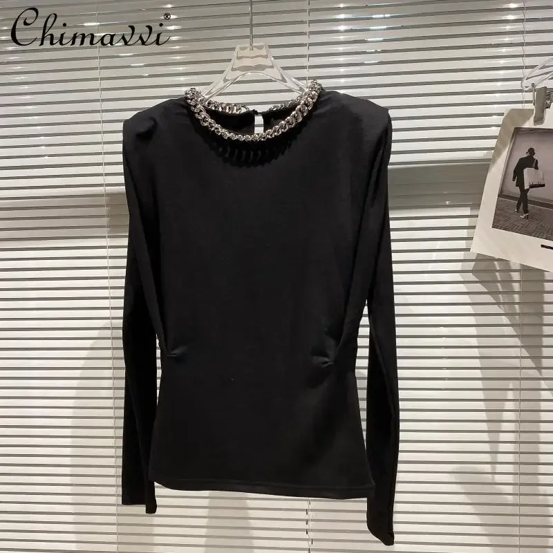 2024 Autumn New Fashion Metal Chain Crew Neck T-Shirt Top Elegant Celebrity Shoulder Pad Long Sleeve Cotton Bottom Shirts