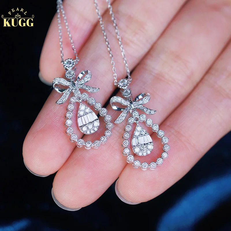 

KUGG 18K White Gold Necklace Real Natural Diamonds 0.45carat Pendant Vintage Lace Romantic Bow Design Party Jewelry for Women