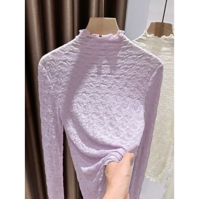 High-end Purple Elegant Mesh Long-sleeved Bottoming Shirt for Women in Autumn Thin and Stylish Half-high Collar T-shirt Top