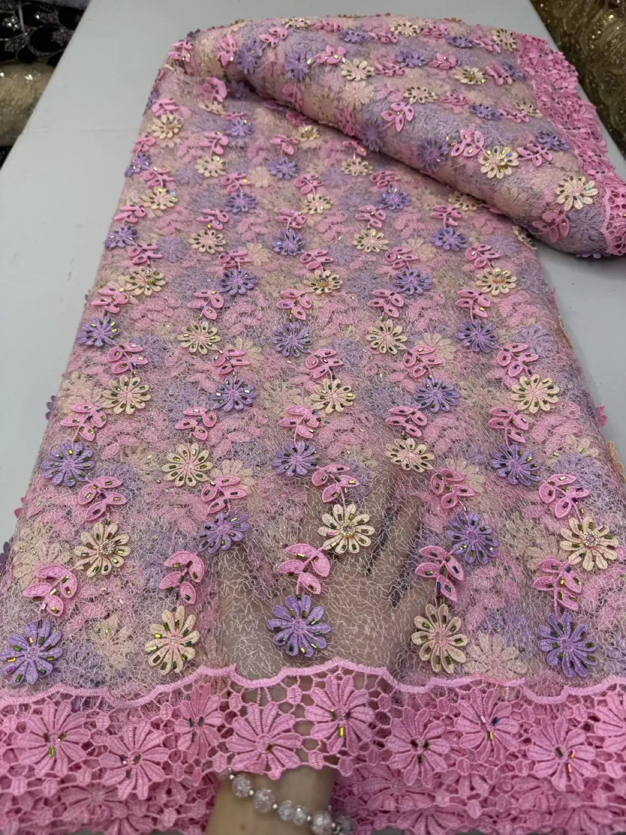 

2026 High-Quality Africa Nigerian Sequins Cotton Lace Fabric Embroidery Tulle for Wedding Party Dress Chiffon 5Yards JY522