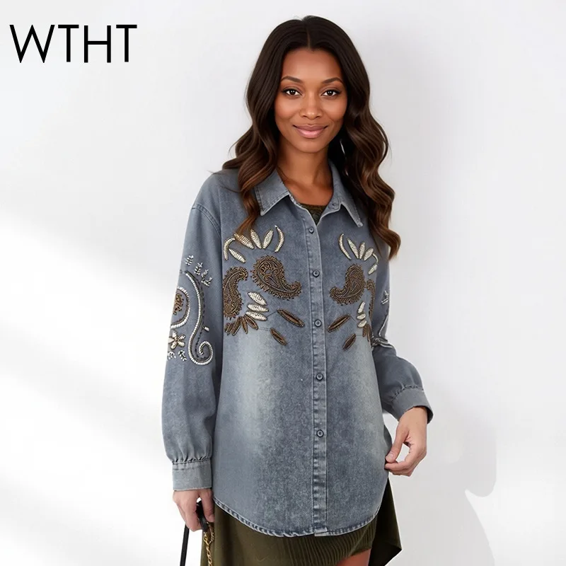 

WTHT 2026 Spring Fashion Women's Nail Beading Embroidery Loose Denim Shirt Trendy New Lapel Long Sleeves Blouse Female 1LS2920