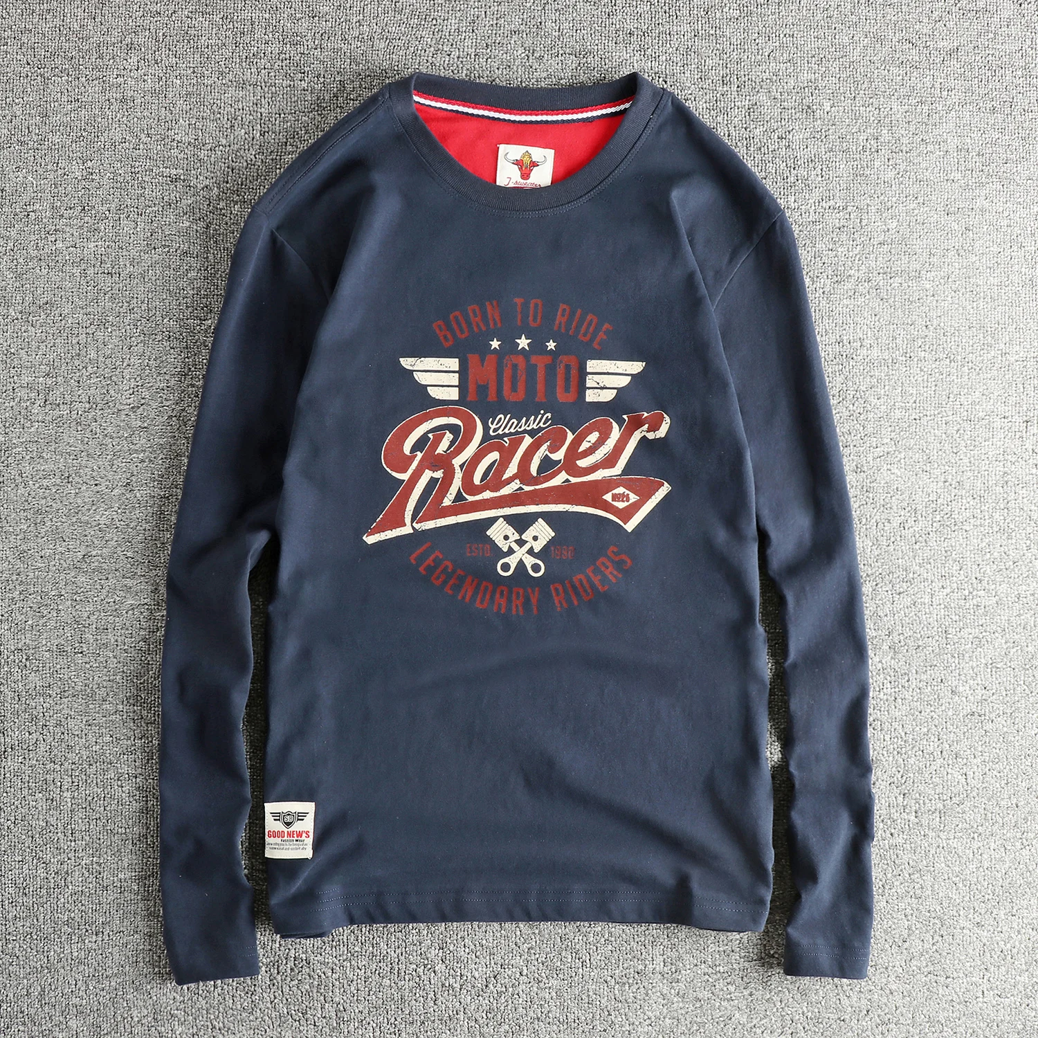 

100% cotton long-sleeved letter pattern American retro T-shirt men's furry comfortable soft round neck top