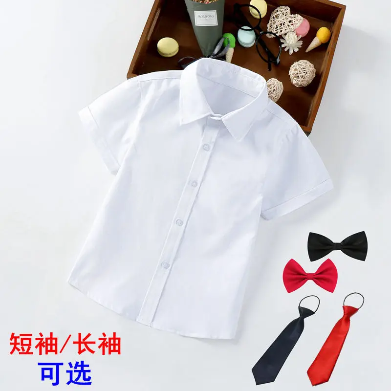 

Children's short-sleeved white shirt pure white shirt boy bow gentleman clothes white shirt children's bow long-sleeved dress 3-