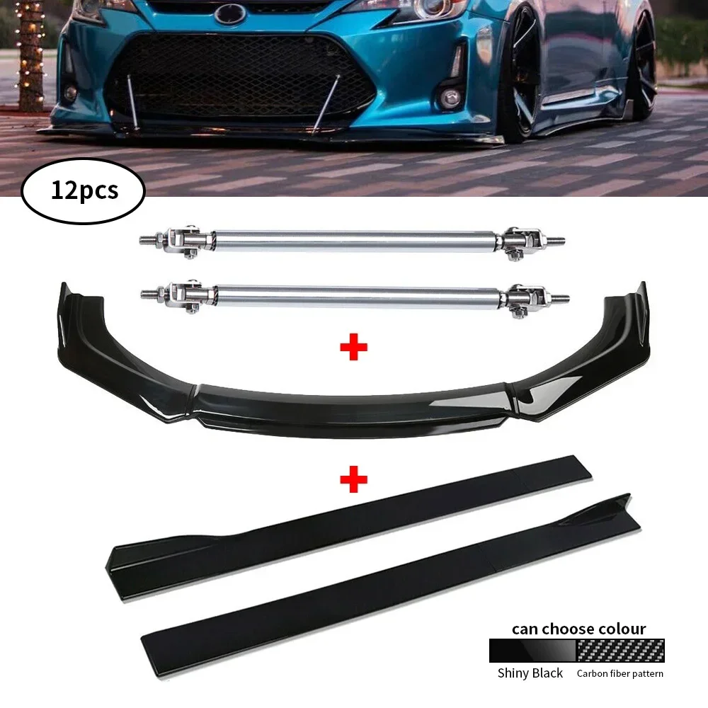 Car Front Bumper Lip Body Kit + 2 M ABS Spoiler Side Skirt Extensions + 2pcs Steel Bumper Lip Splitter Tie Rod Bars Auto Parts