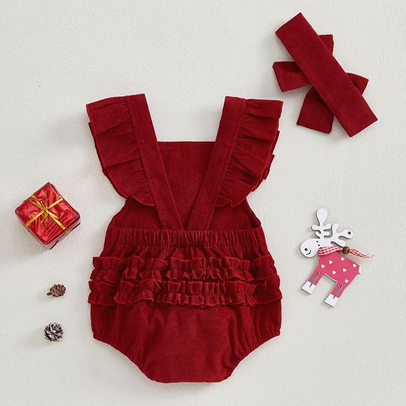 Baby Girls Christmas Jumpsuit Flying Sleeve Elk Embroidery Rompers with Headband