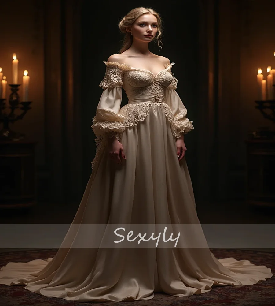 Vestido de noite medieval champanhe claro encantado com manga comprida elegante cetim renda vestido de baile fada festa formal personalizado