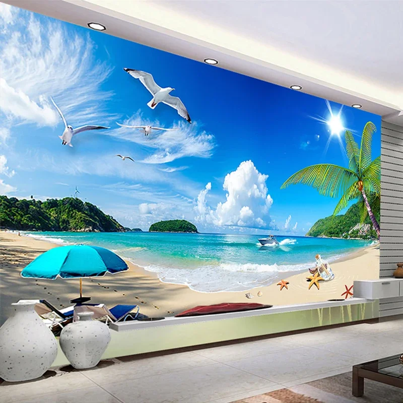 

3D Wallpaper Modern Blue Sky White Clouds Beach Seascape Mural For Living Room Bedroom Decoration Photo Wall Paper Wall Painting