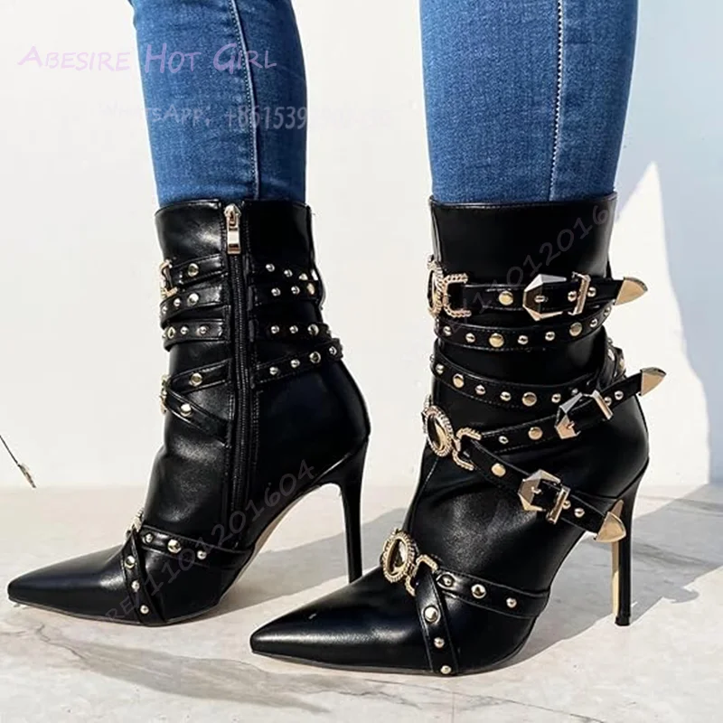 Gold Rivet Buckle Black Leather Calf Boots Women Belt Buckle Pointed Zipper Office Lady Stiletto Party Casual Bordered Shoes