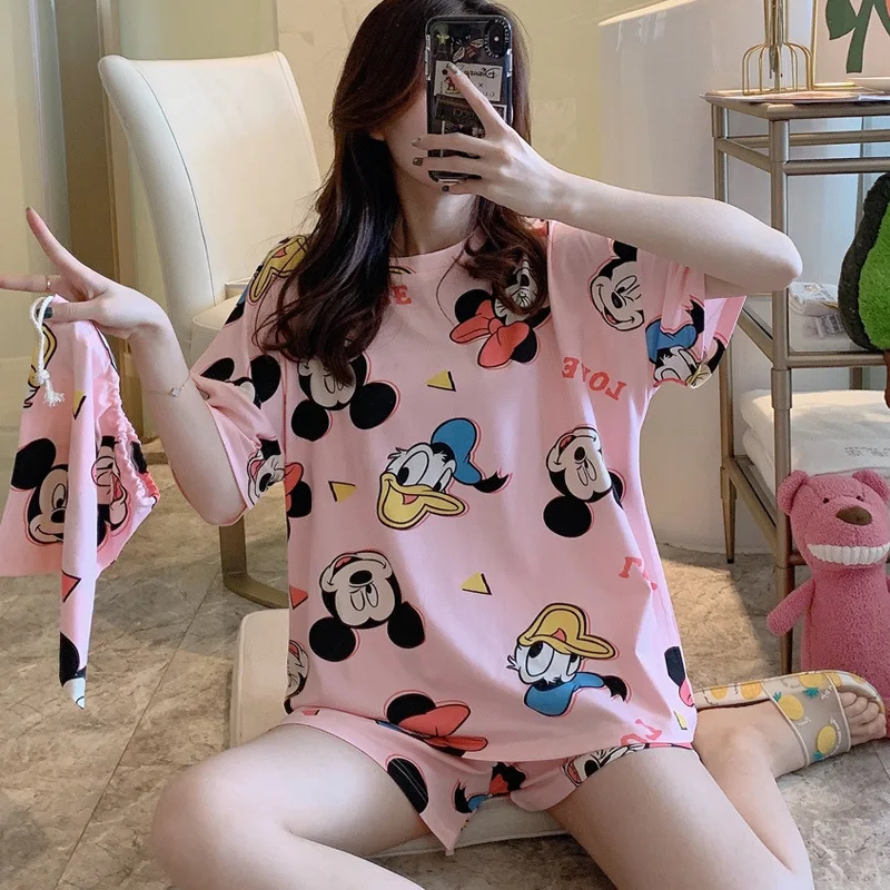 

Mickey Donald Pajama Set Gril Summer Short Sleeve Pants Sleepwear for Women Home Clothes Avocado Print Student Nightshirt 2Pcs