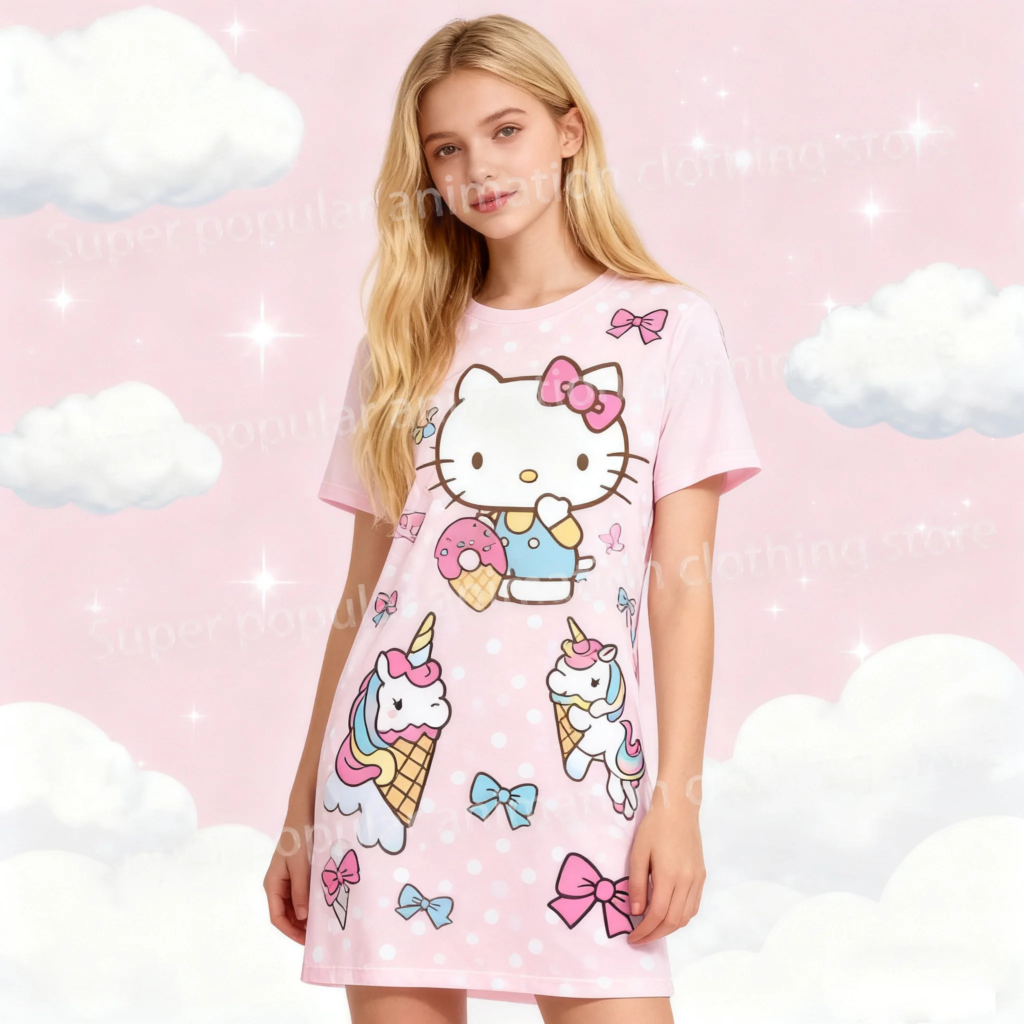

Платье Hello Kitty с 3D принтом, милое платье-футболка с короткими рукавами и круглым вырезом, модная ночная рубашка, базовая повседневная одежда, праздничные подарки