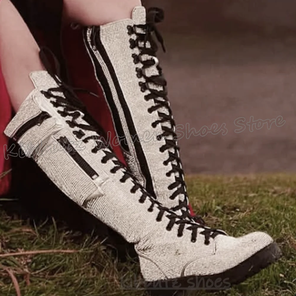 Stivali alti al ginocchio Bling Lucido Tasca con cerniera Lace-Up Punta tonda Tacchi grossi Moda Punk Rock Gotico Novità Scarpe da donna sexy Nuovo