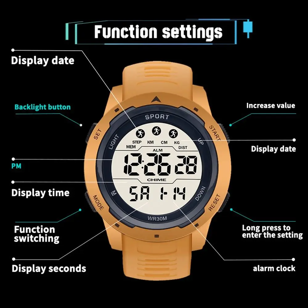 À prova d'água Digital Sports Watch, tela grande, Night Glow, simples relógio eletrônico, Casual Outdoor Watch, alta qualidade