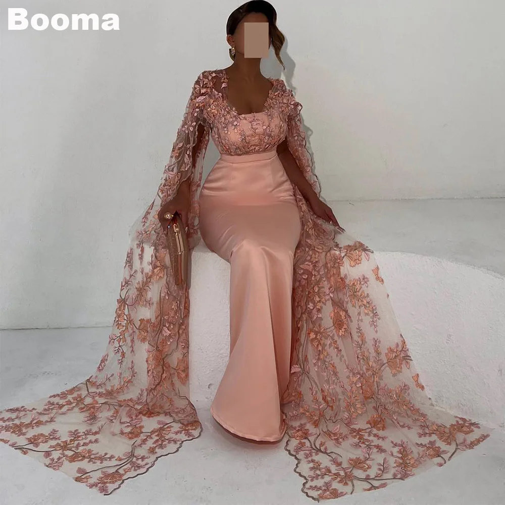 Booma Saudi Arabia Mermaid Evening Dresses V Neck Floral Lace Cape Prom Gowns Long Formal Dress Wedding Party Dresses فساتين الس