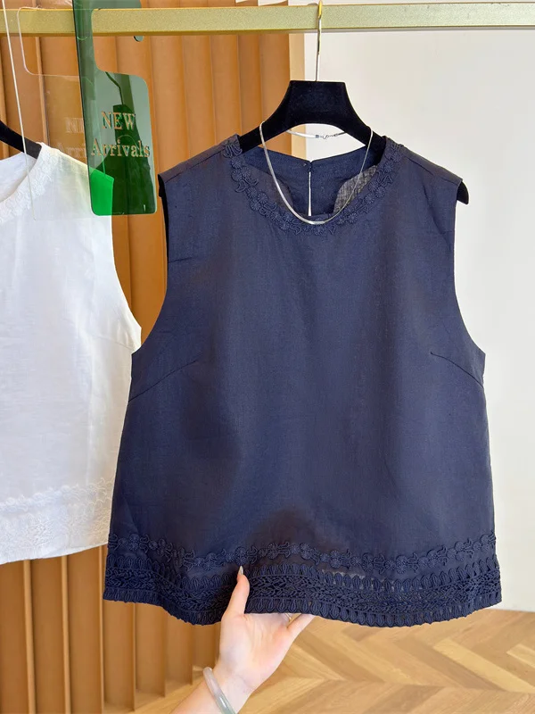 

New 2026 Pure Color Sleeveless Linen round Neck Vest Heavy Embroidery Large Size Women's Fashionable Shirt Top Summer Wear