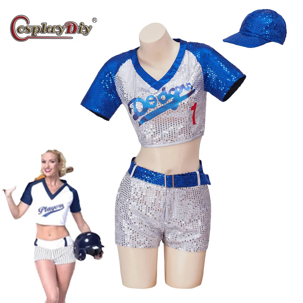 

Cosplaydiy Movie Elton John Dodgers Sexy Baseball Suit Cheerleader suit For Women Football Baby Uniform With Hat Belt Outfits