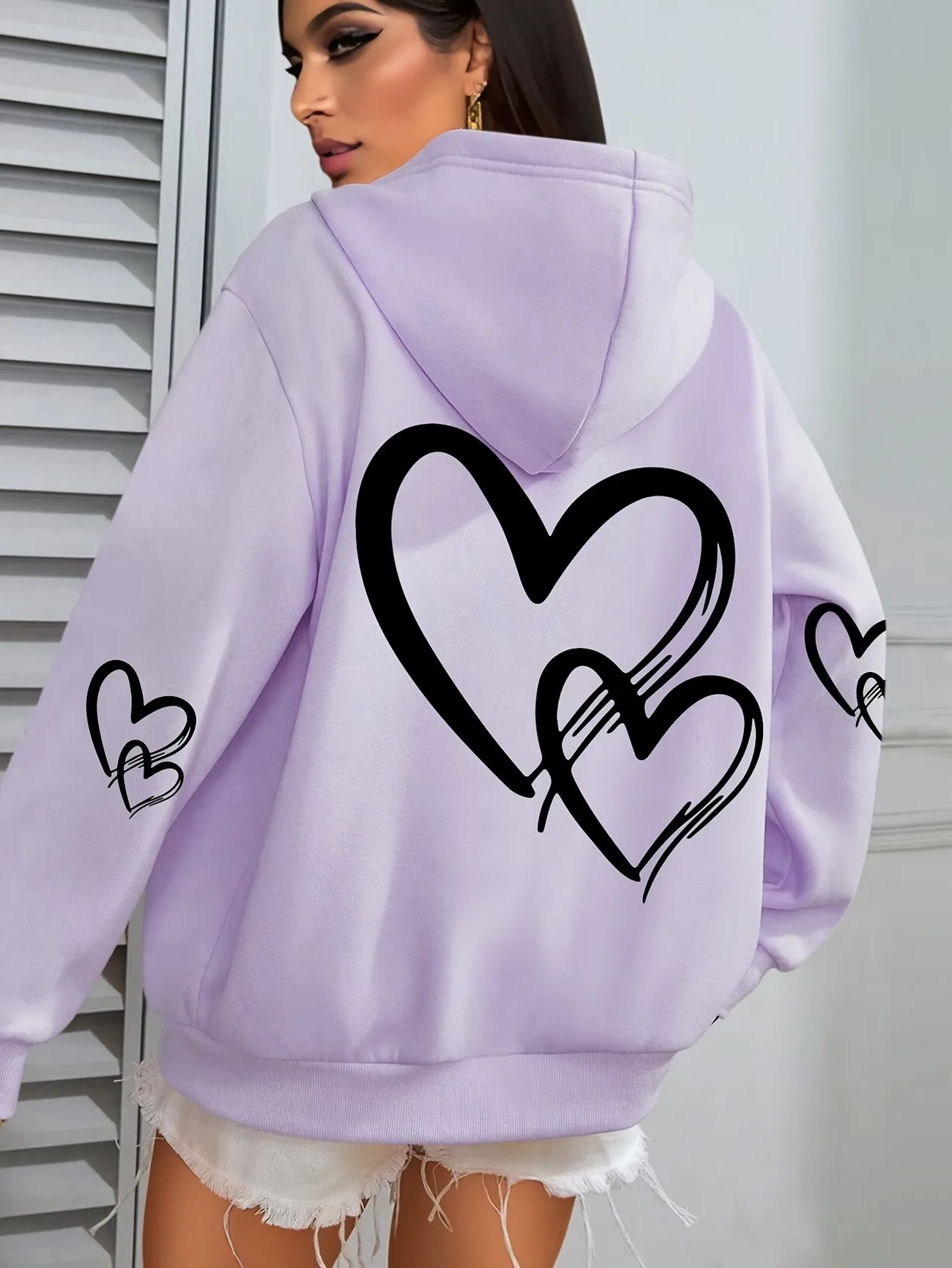 Damen-Kapuzenpullover mit Herzmuster, lässiger Langarm-Pullover mit Taschen, schlichtes Design, Streetwear-Style-Oberteil, im Sonderangebot. – Detail 8