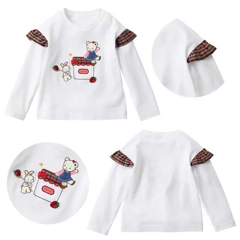 

Family's New Girls' Flutter Sleeve T-shirt Japanese-style Cartoon Cute Little Bear and Rabbit Embroidered Long-sleeve Inner Top