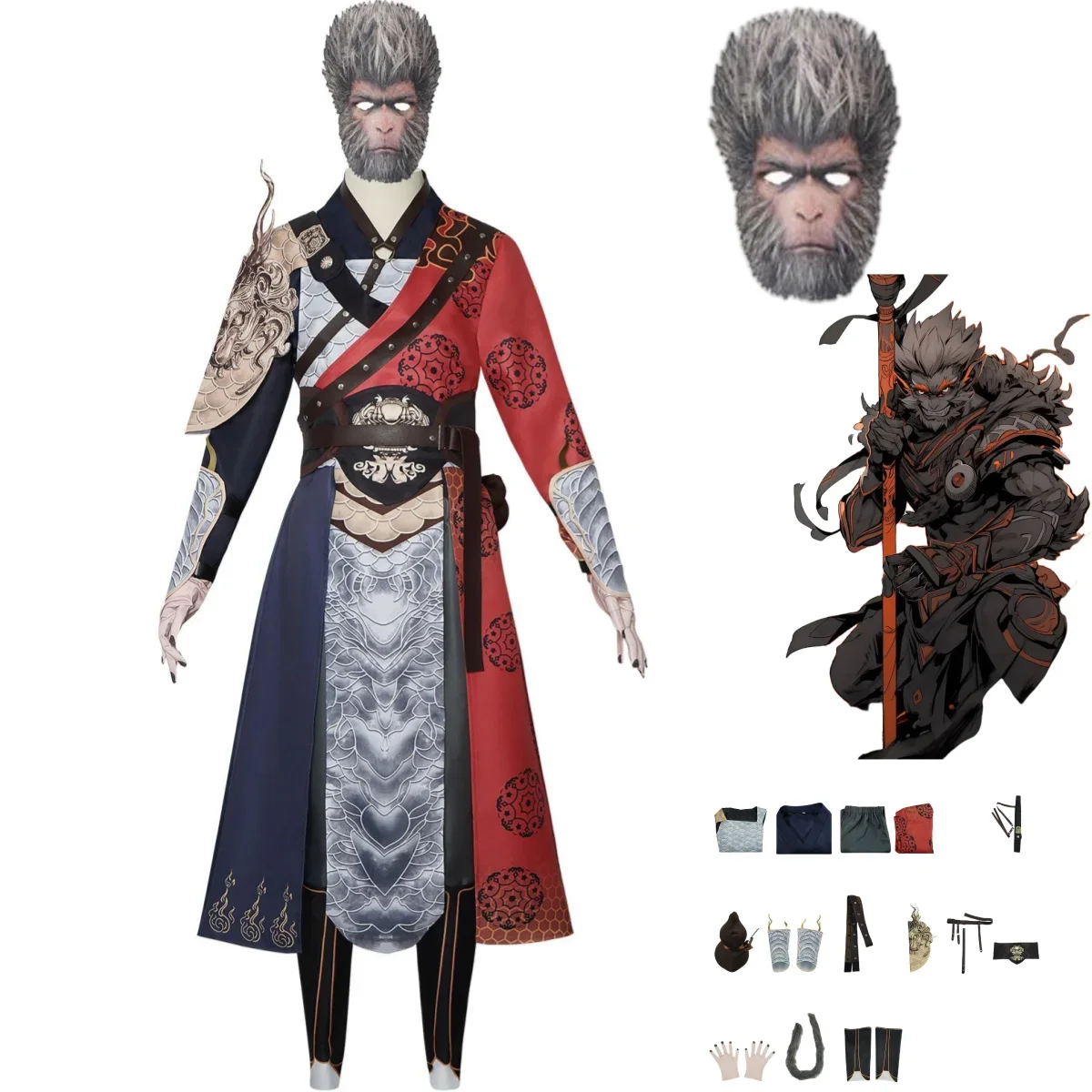 

Game Black Myth: Wukong Cosplay Costume The Destined One Adult Man Kids Red White Styles Uniform Halloween Christmas Gifts Suit