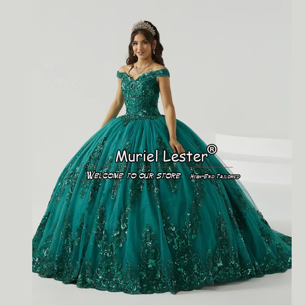 Funkelnd grün quince anera kleider applikationen v hals süß 16 kleid ballkleid schulter frei schnüren vestidos de 15 años quinceañer