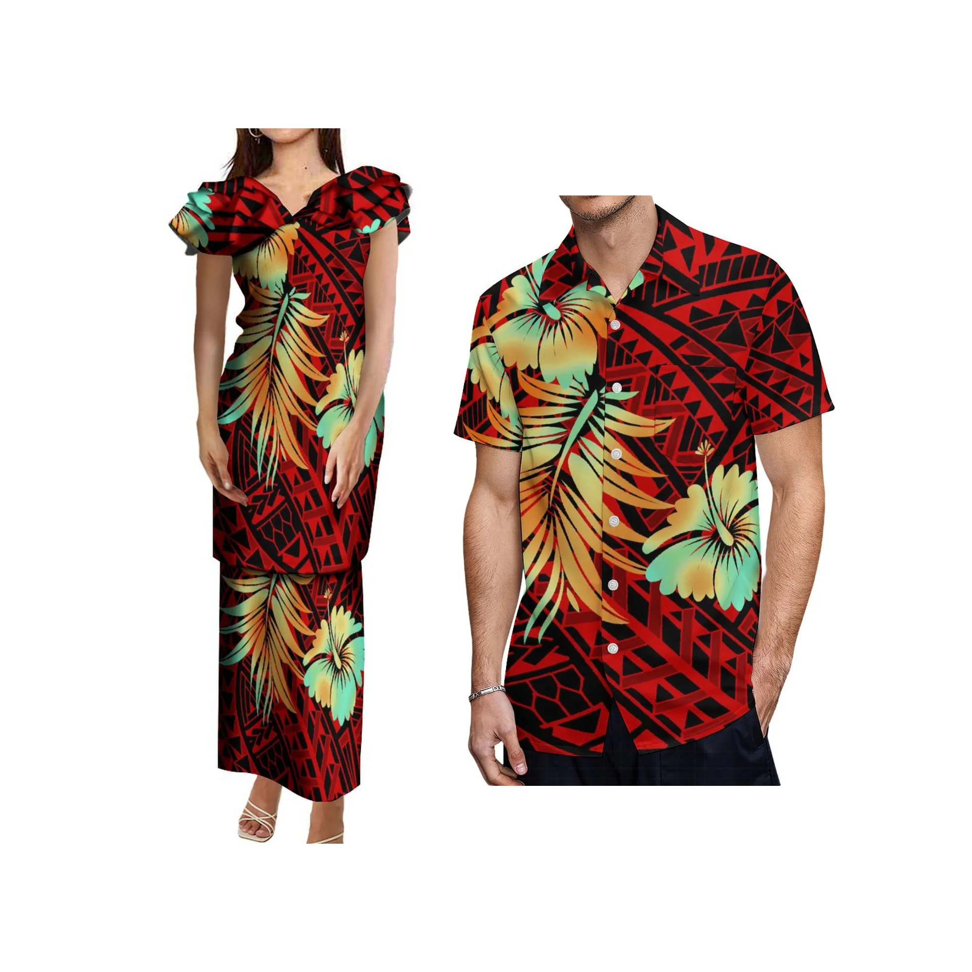 

Customized V Neck Frill Ruffle Samoa Puletasi Polynesian Tribal Printed Piece Skirt Set Dress Women