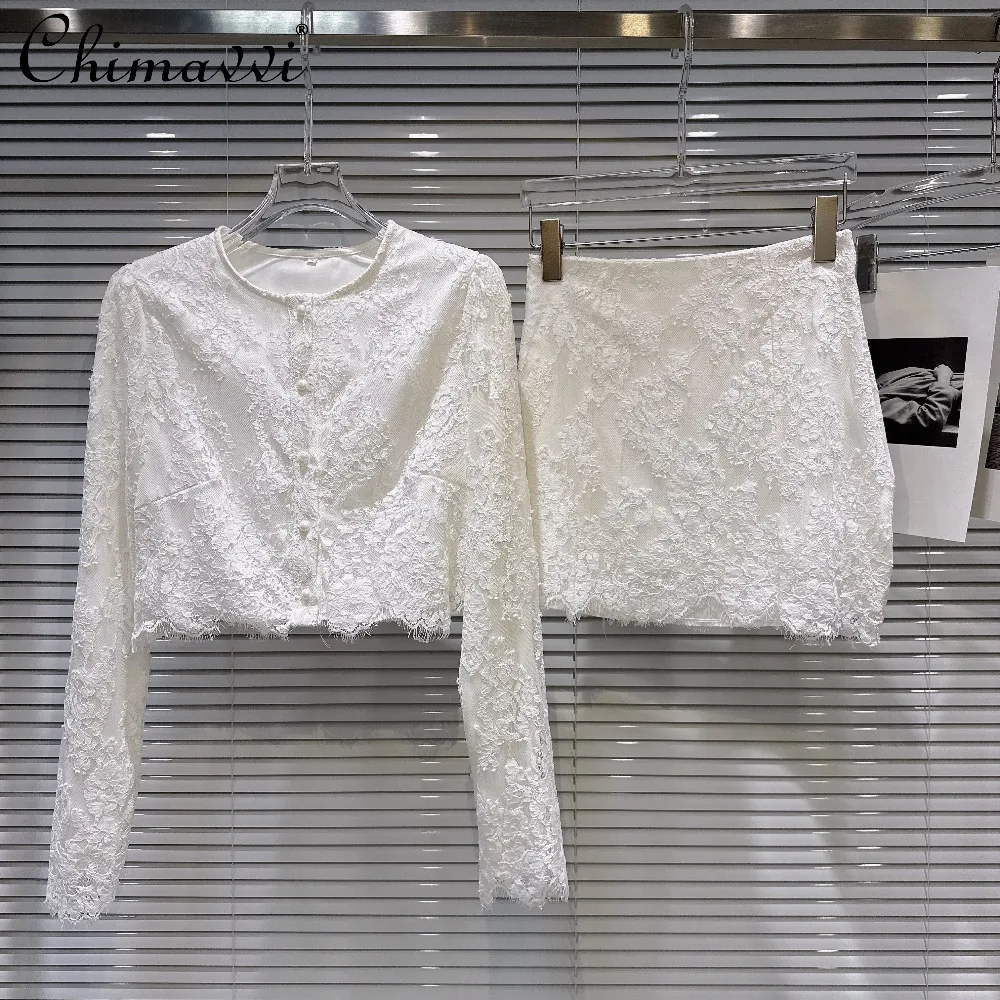 

French Elegant Socialite Pearl Button Long Sleeve Single-Breasted Lace Tops High Waist Slim Short Skirts Two-Piece Sets Women