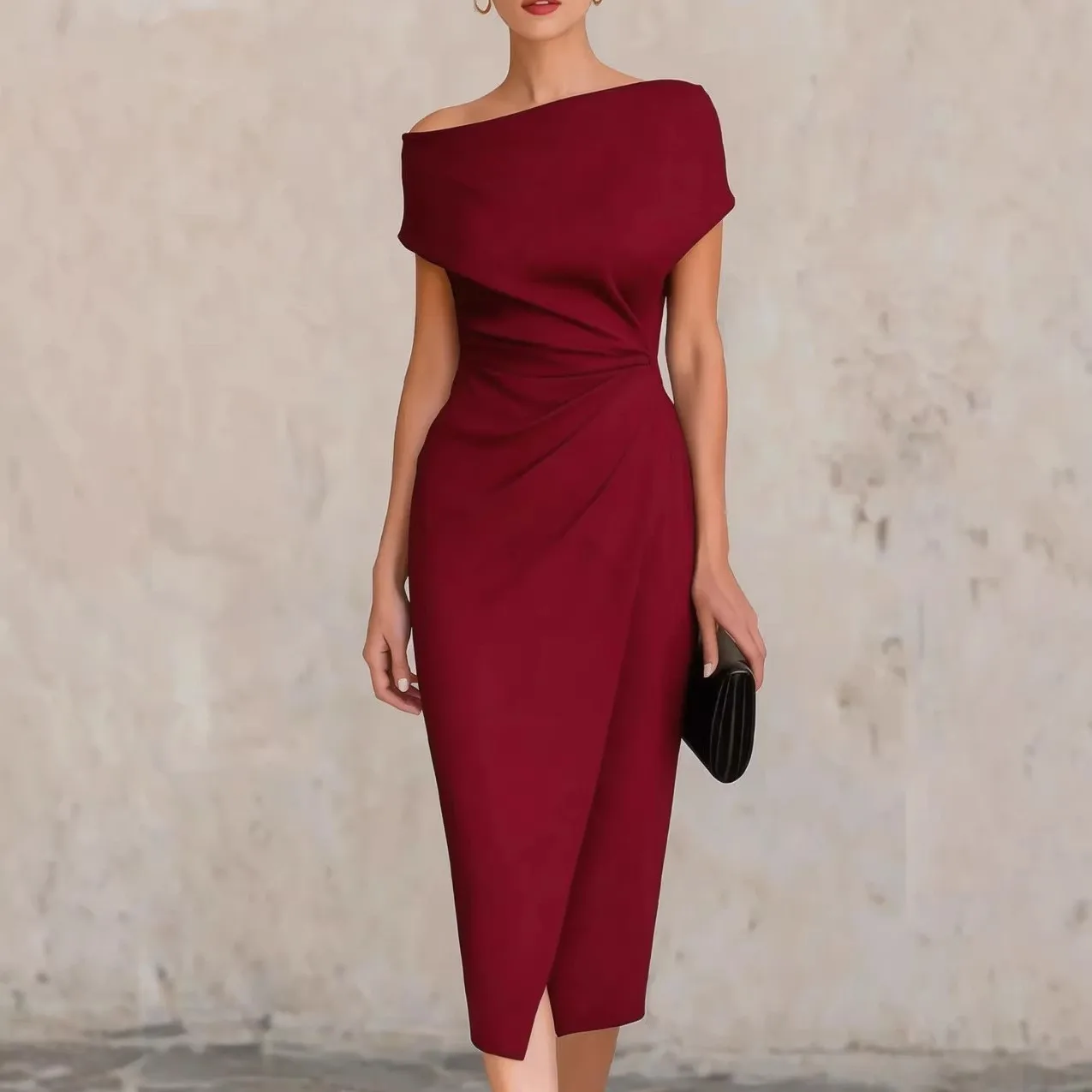 Women's Elegant Off Shoulder Sleeveless Midi Dress with Waist Cinched Ruffle Slit for Wedding Guest Prom Robe Cocktail Femmes