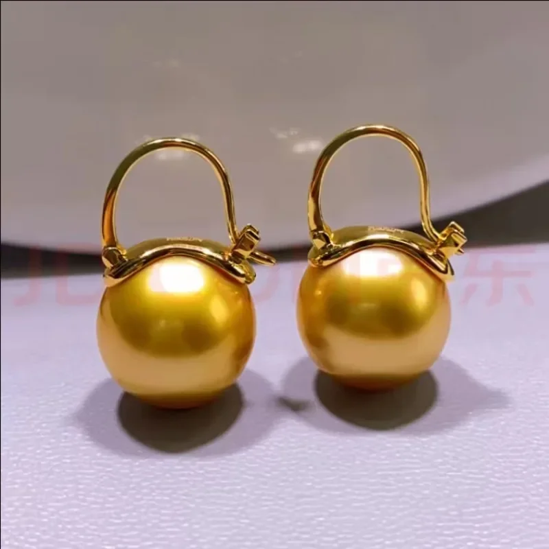 

Pair of 12-14mm Genuine Gold Round Pearl Earrings for Women Simple Wedding Party Free Shipping Accessories Dangle ,hook Stud