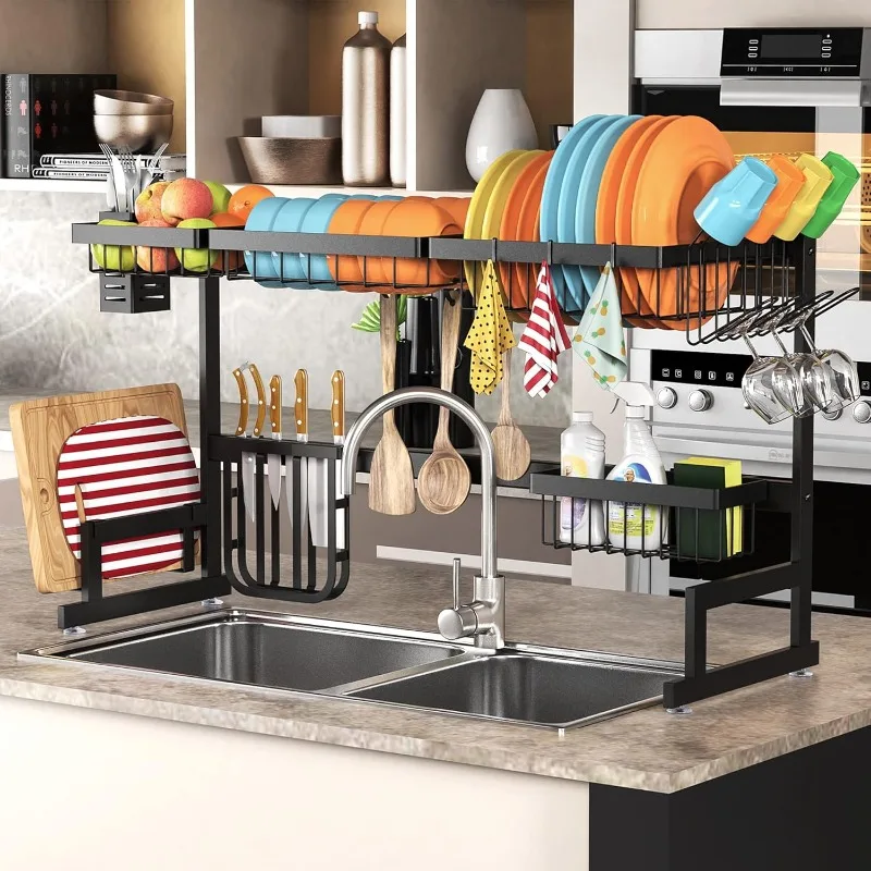 

Over Sink Dish Drying Rack Stainless Steel, Adjustable Large Dish Drainer for Storage Kitchen Organization Black 2 Tier