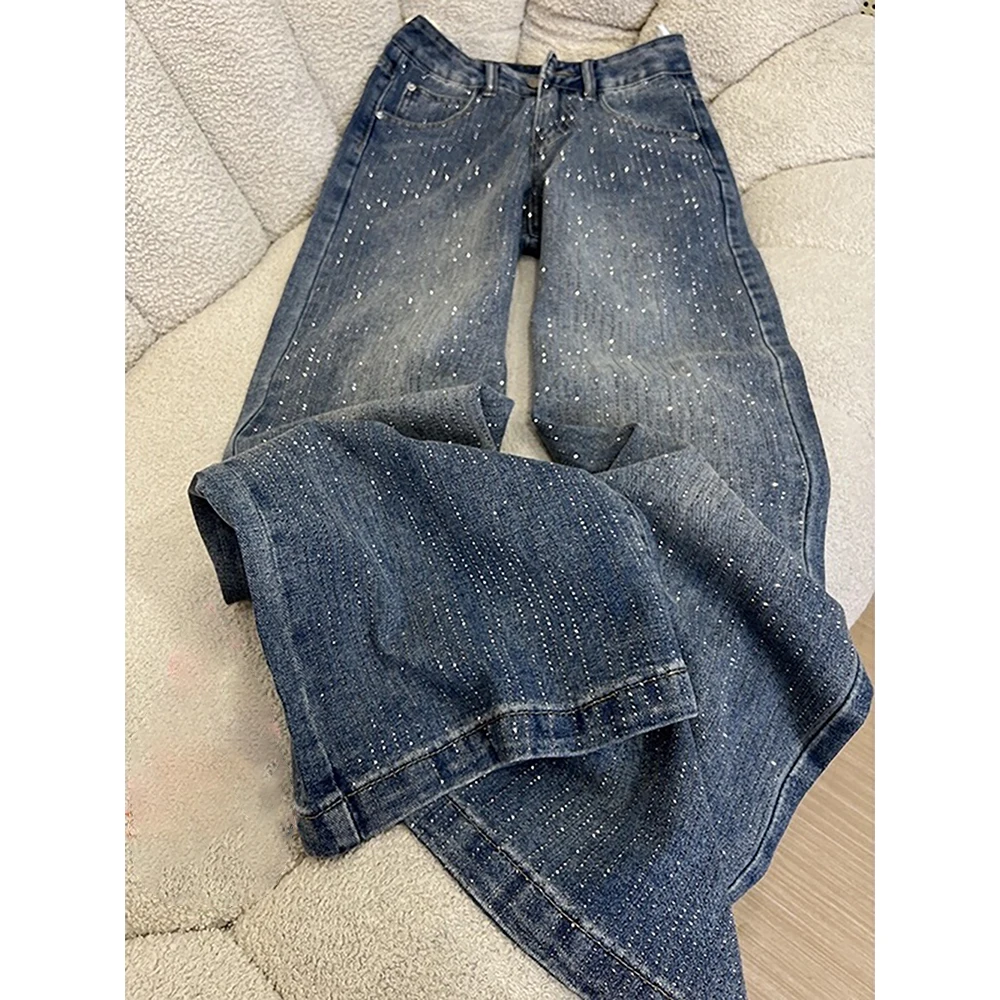 Jean taille haute pour femmes, bleu diamant, mode ciel étoilé, Design strass, pantalon en Denim, jambes larges, ample, scintillant, scintillant