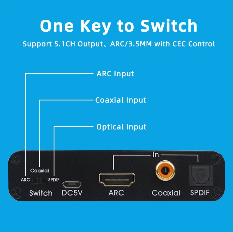 

192KHz DAC Converter HDTV Audio Extractor Input COAXIAL Toslink(Optical) ARC to Coaxial Spdif L/R RCA 3.5mm Stereo Jack Output