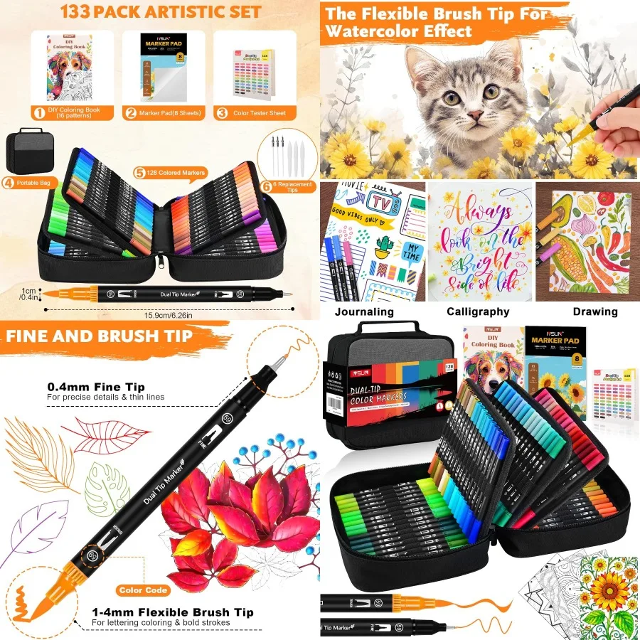 

Dual Brush Marker Pens 128 Colors Art Markers Set with Fine Brush Tip for Adult Coloring Book Bullet Journaling Drawing Note Ta