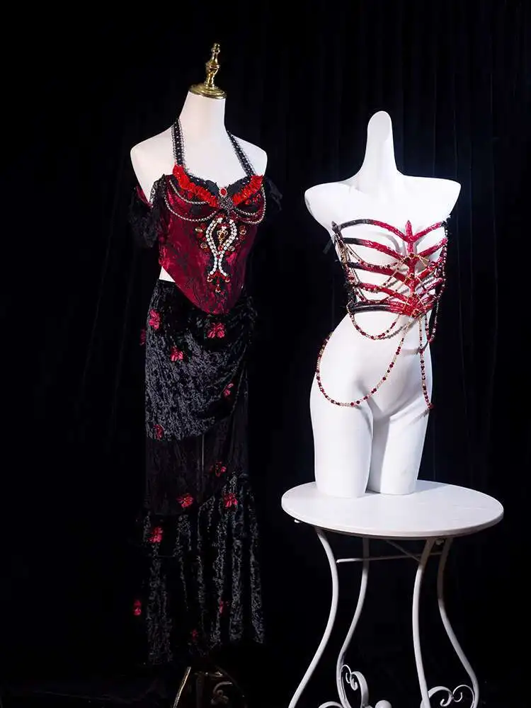 Scheletro di strega fatto a mano Internet Celebrity Performance dal vivo Gotico scuro Halloween Fotografia Costume Corsetto a gabbia a costine