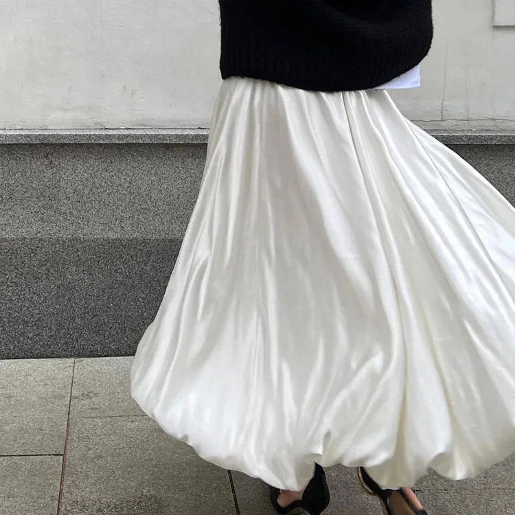 White Balloon Long Skirt Women Fashion Satin Vintage Loose High Waist A-line Hem  Skirts Lady Elegant Solid Bubble Cloth Outfit