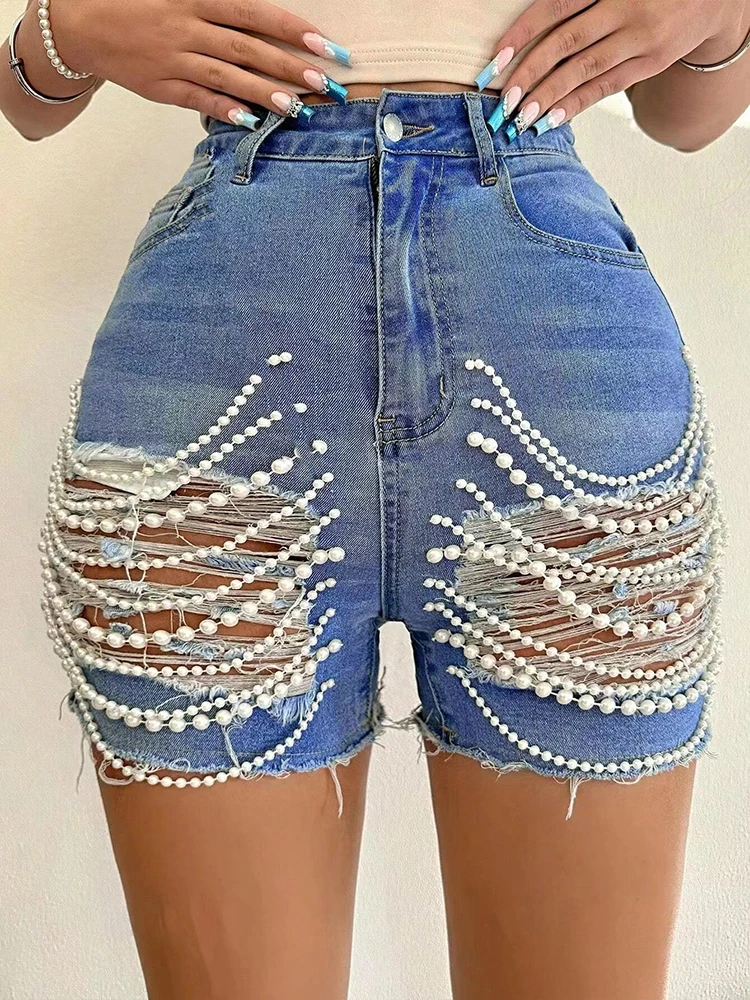 Women\'s Sexy Pearl Tassel Hot Shorts High Waist Denim Jeans Shorts for Women Holes Sexy Skinny Pockets Summer Fashion Shorts 202