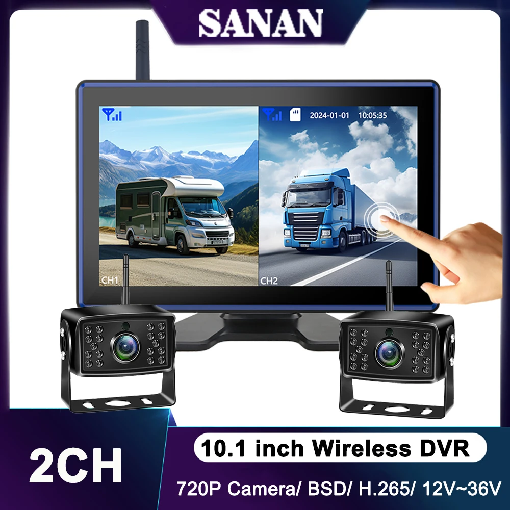 RV Digital Wireless Backup Camera System With 10.1 Inch Touch Monitor Truck Camper DVR Recorder 2CH IR Night Vision HD Cameras