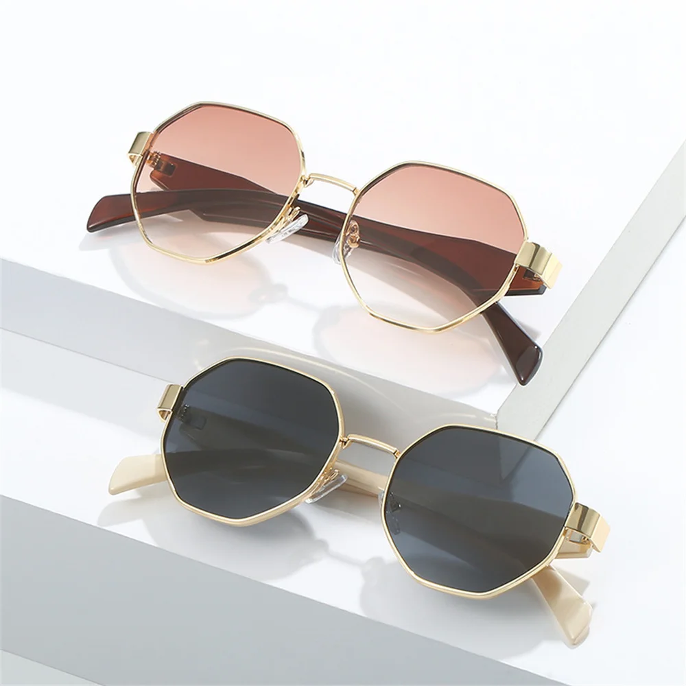 New Sunglasses Trendy Polygonal Metal Frame Sun Glasses Women Retro Sunshade Eyeglass For Vacation Uv400 Luxury Brand Design