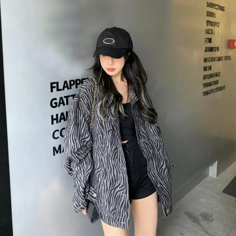 Basic Jackets Women Streetwear Harajuku Denim Casual Zebra-Striped Retro Vintage All-match Spring Loose Daily Outwear Ulzzang image 3