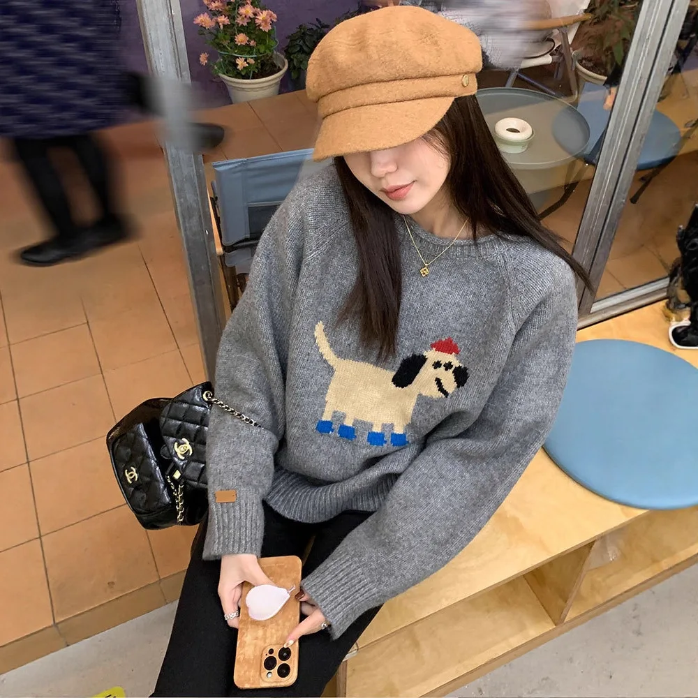 2025 nuevo suéter de mezcla Jacquard bordado de cachorro para mujer otoño lindo Casual prendas de punto de cuello redondo