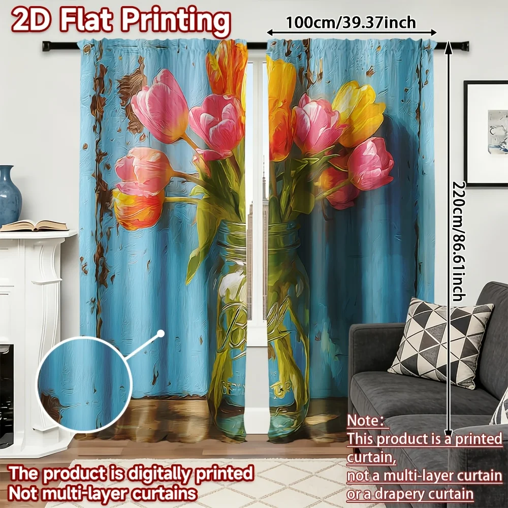 Tulip pattern printed curtains, with a pole bag design, are suitable for use in bedrooms, living rooms and offices.