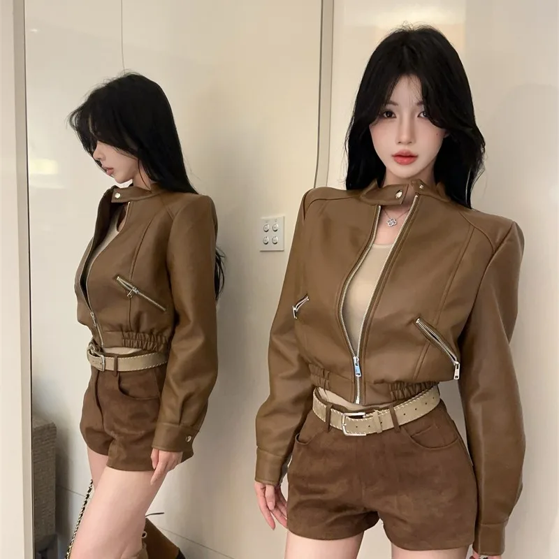 Hong Kong Sle ort Biker Jaet femmes taille haute manteau en cuir PU polyvalent automne nouveauté Faion haut pour femme