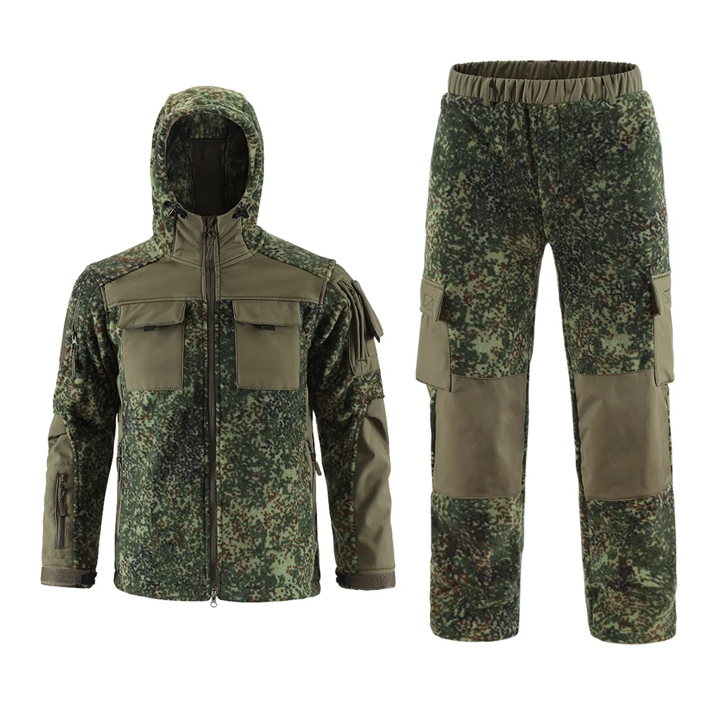 

Outdoor Fleece Jacket Set Camouflage Tactical Plush Pants Thickened Hooded Charging Stormsuit Inner Liner Trekking Skiing Longs