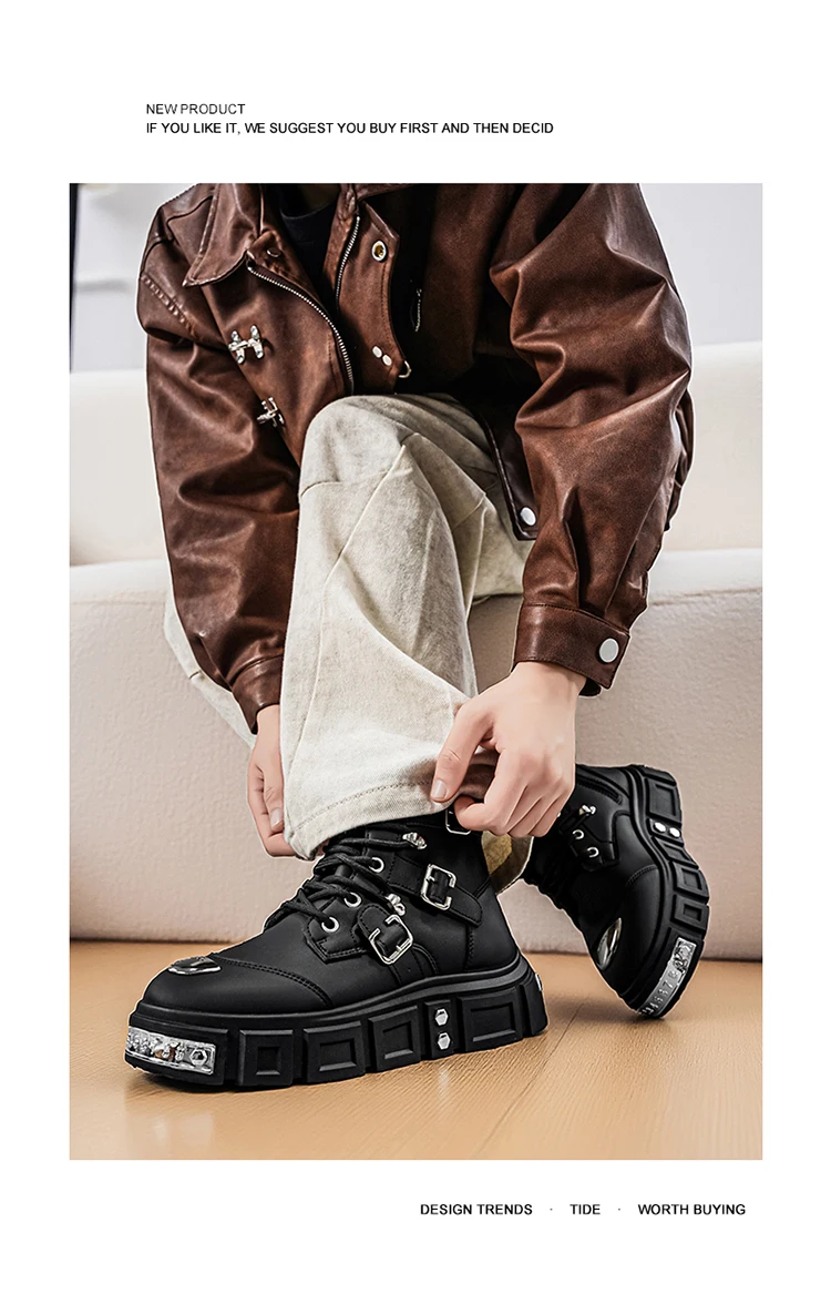 Herren-Streetwear-Stiefel in Uni-Farbe, High-Top, mit Metallschnalle, im Punk-Stil, Motorradstiefel – Detail 1