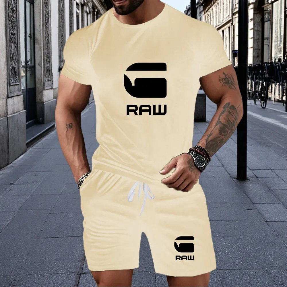 

2026 Summer New Printed Men's Two-Piece Set of Fashionable Casual Clothing Short Sleeve T-Shirt and Drawstring Shorts Sports Set