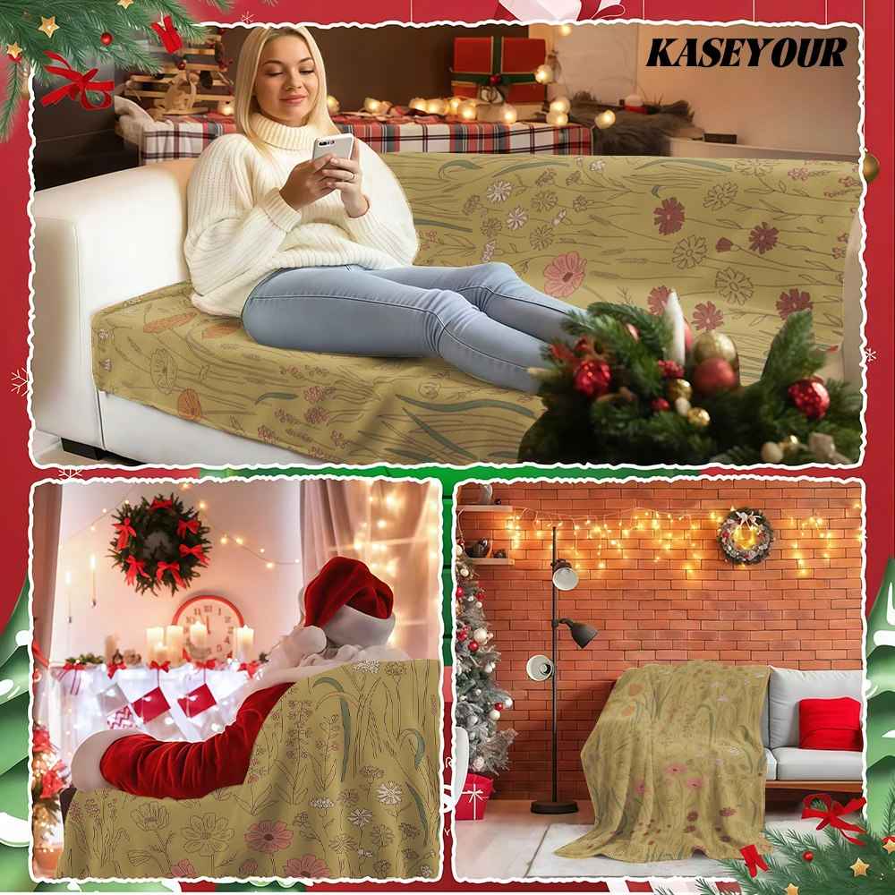Mustard Yellow Wildflower Meadow Line Art Flannel Blanket Soft Fuzzy Plush Cozy Warm Throw for Sofa Bed Couch
