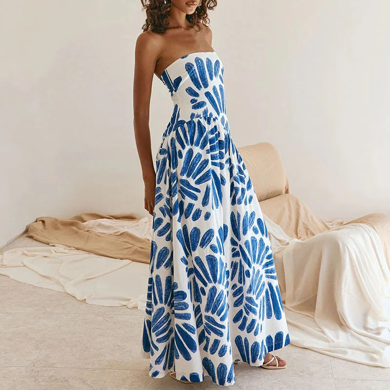 2026 Sommer Ärmellose Maxikleider Frühling Muster Print Trägerloses Tube-Partykleid Damenmode Ausgeschnittenes A-Linien Langes Kleid