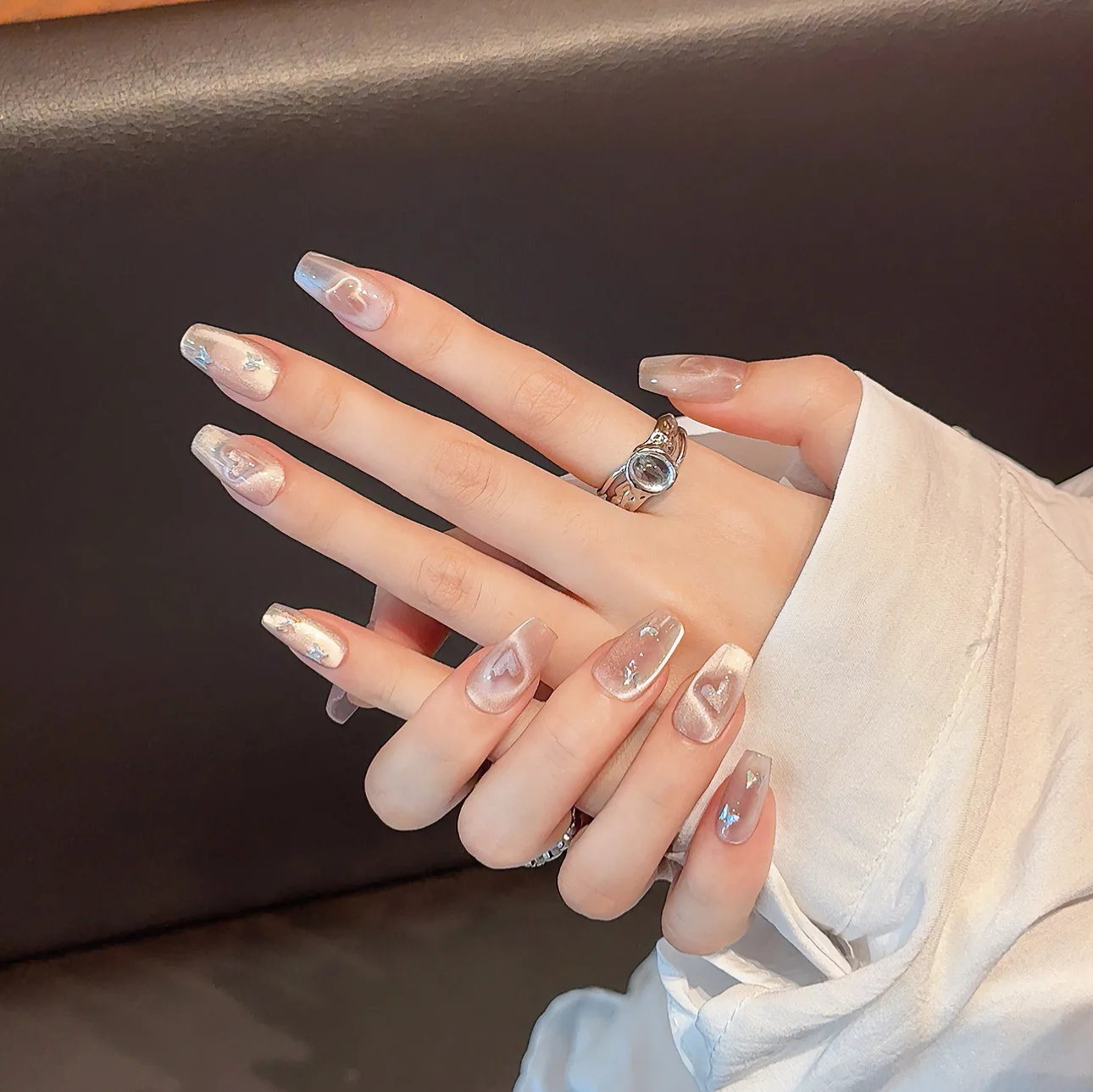 Uñas postizas rosas hechas a mano con brillo de ojo de gato, uñas postizas en forma de corazón, cobertura completa, puntas de uñas postizas de mariposa y almendra desmontables