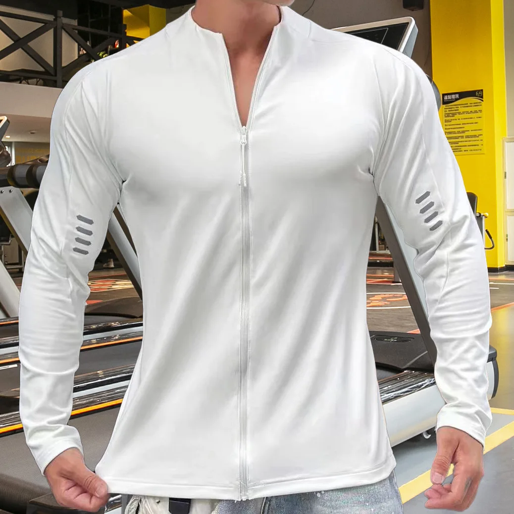 Men's Casual Sports Long Sleeve T-shirt Gym Fitness Running Training Slim-fit Quick Dry High Elastic Sweatshirts Zip Up Tee Tops