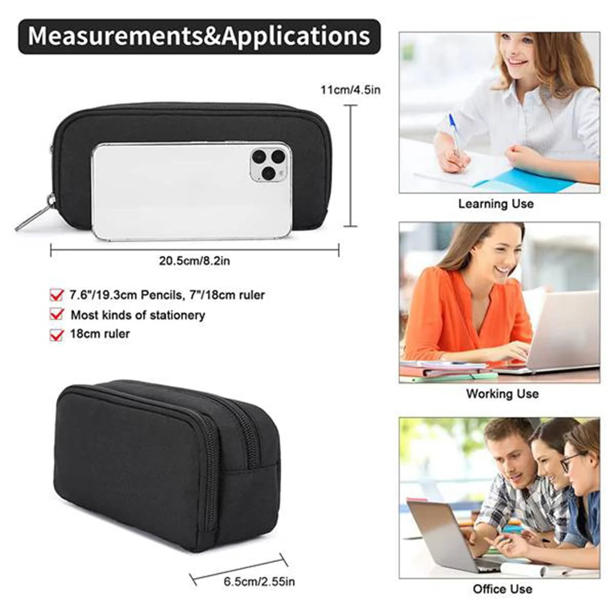 옥스포드 보관 파우치 마커 펜 케이스, 3X 대용량 연필 케이스, 간단한 문구 가방, 학교 사무실 정리함, 블랙